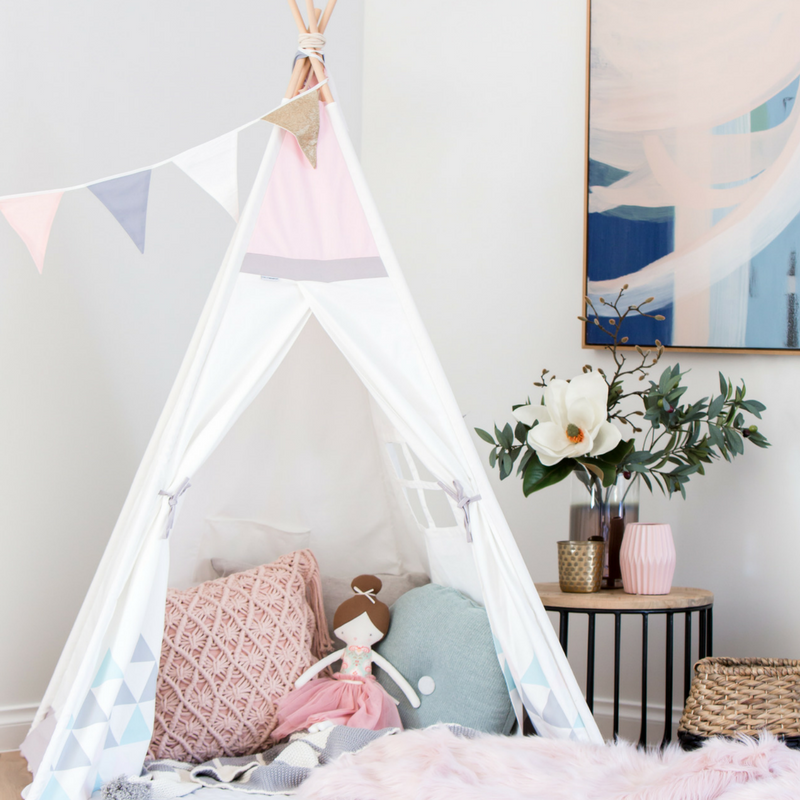 Cattywampus blush sky teepee tent styled pink for girls bedroom