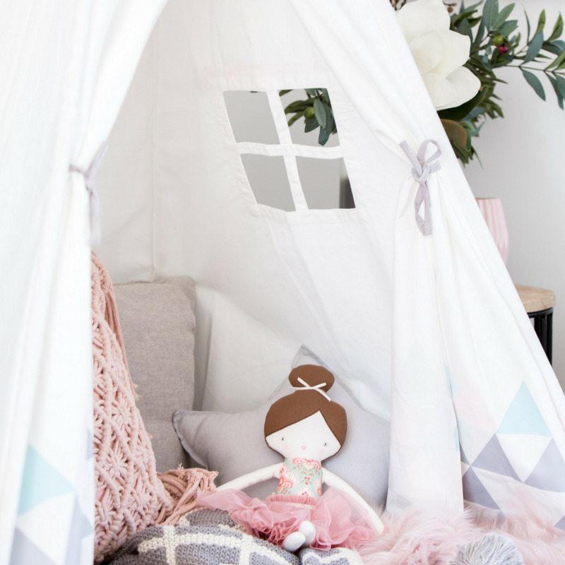 Cattywampus blush sky pink teepee tent with a window